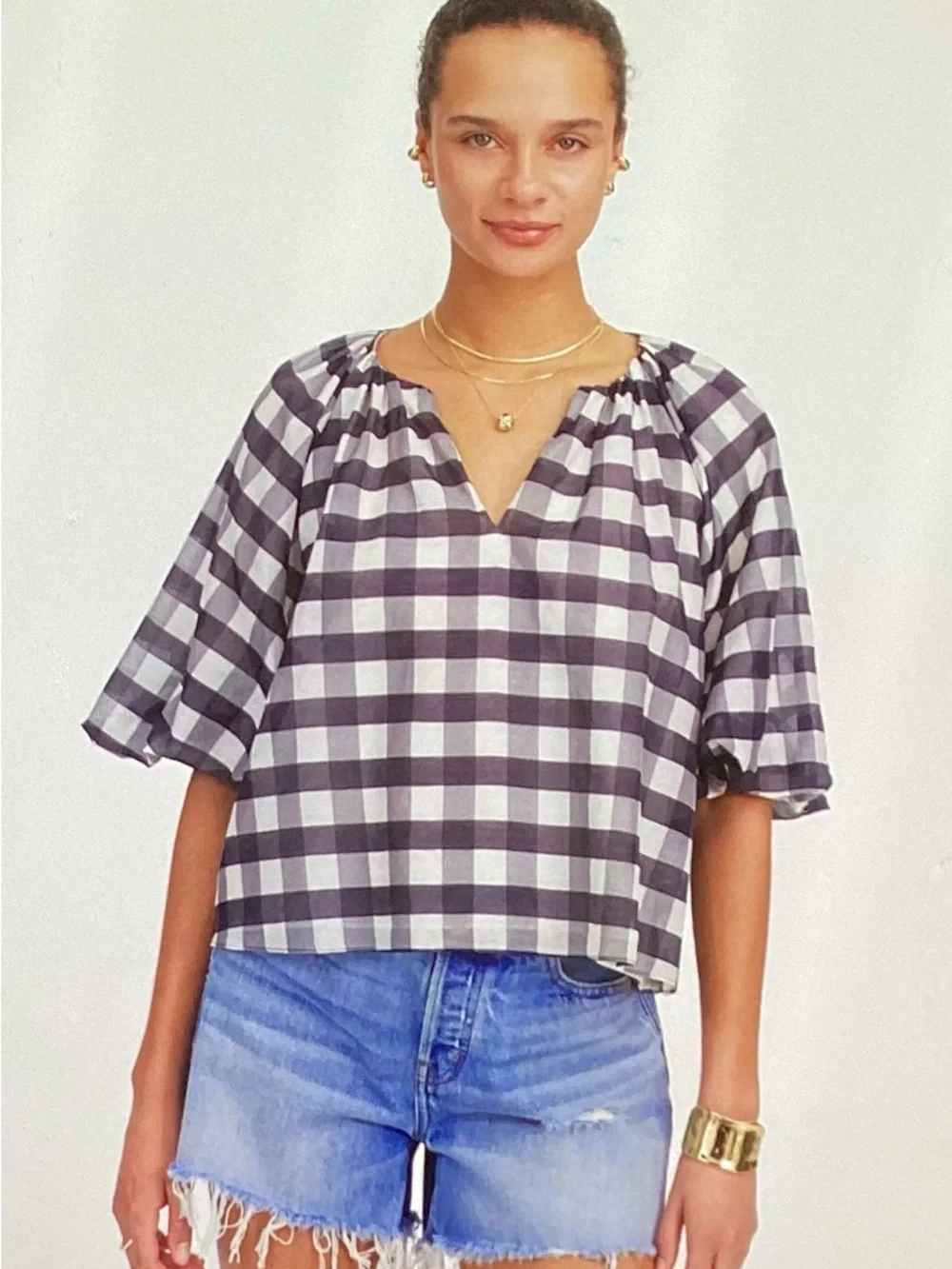 Madewell by J.Crew NEW Women’s Bubble Puff Sleeves Top Black White Gingham Sz 6